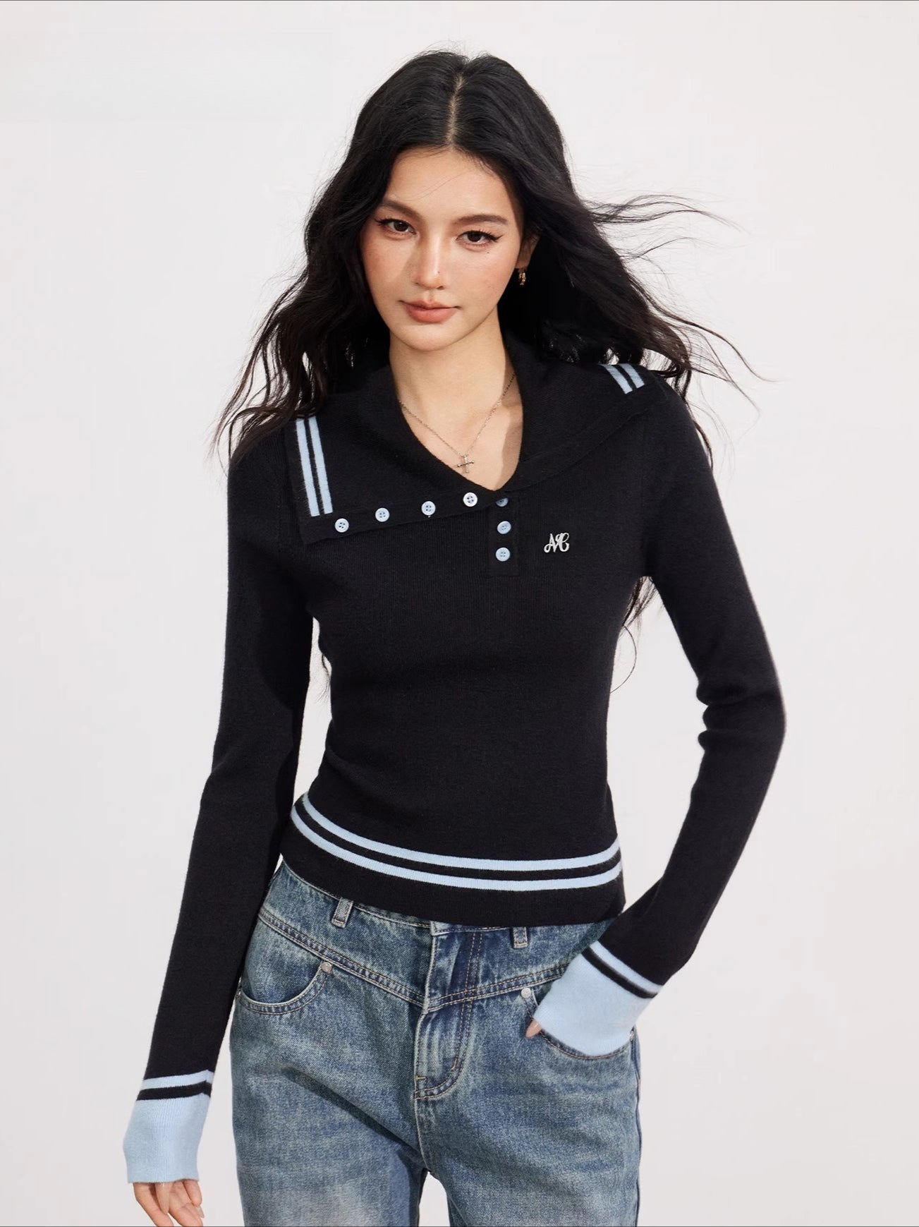 Sailor Collar Colorblock Knit V-neck - CHINASQUAD