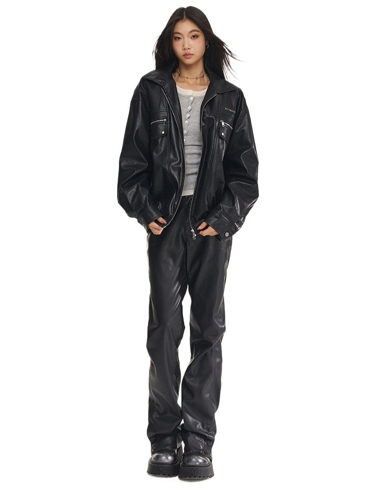 Black & White Vintage Silhouette Collar Moto Jacket - CHINASQUAD