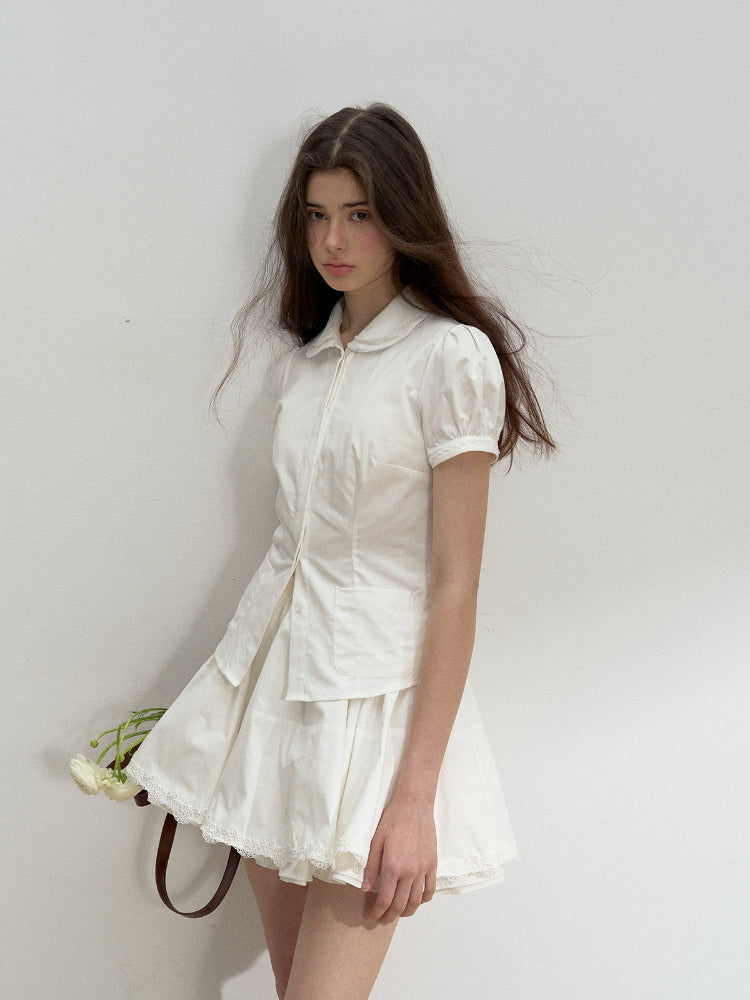 Cotton Lace Embroidered Collar Shirt & Skirt Set - CHINASQUAD