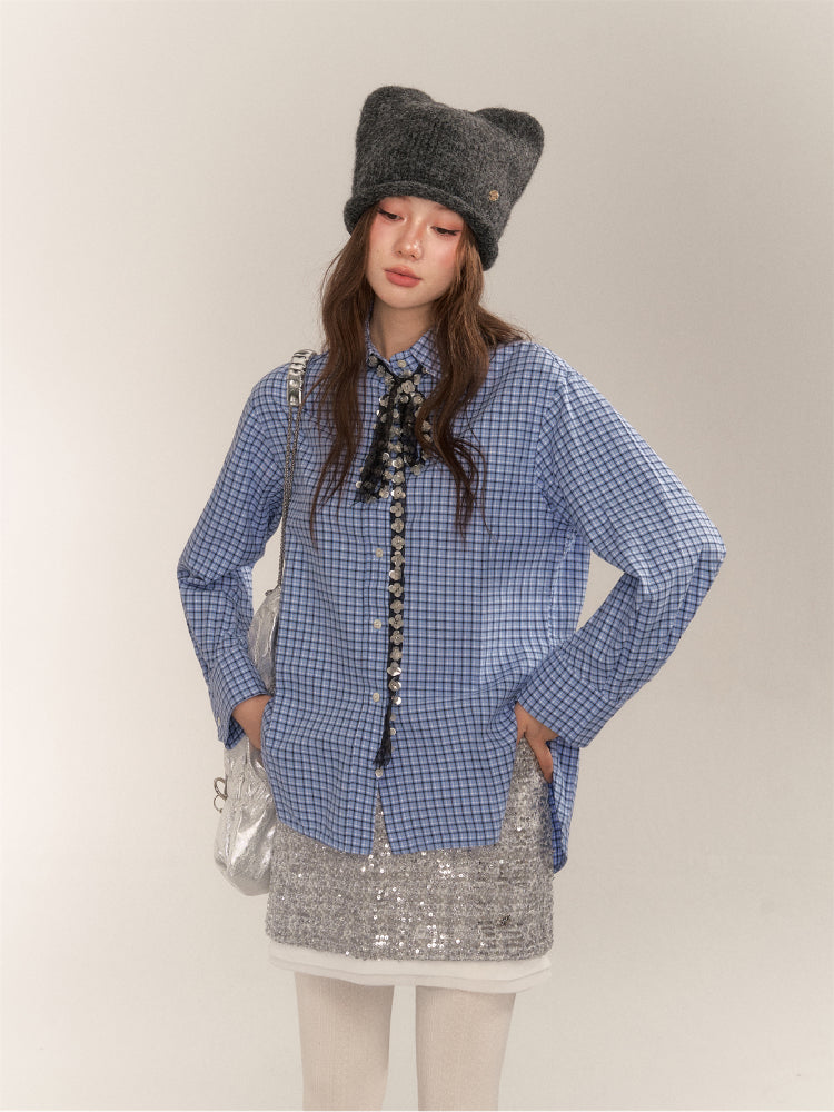 Vintage College Style Blue Plaid Shirt - CHINASQUAD