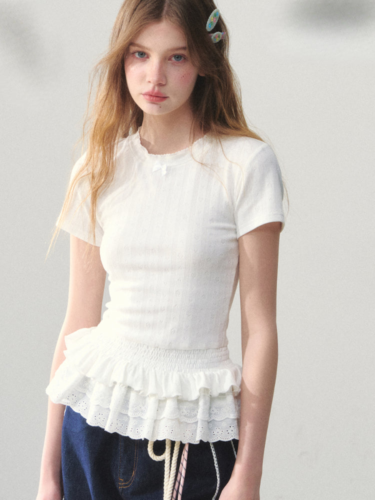 White Lace-hem Short-sleeve T-shirt - CHINASQUAD