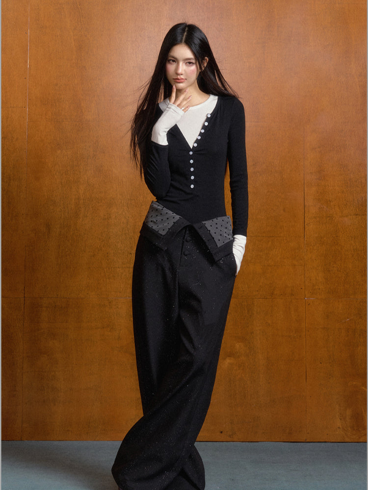 Polka Dot Contrast High-waist Suit Pants - CHINASQUAD