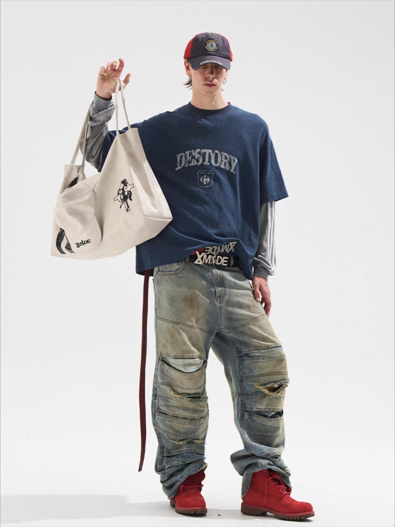 Faded Print Layered-Effect Patchwork Long Sleeve T-Shirt - CHINASQUAD