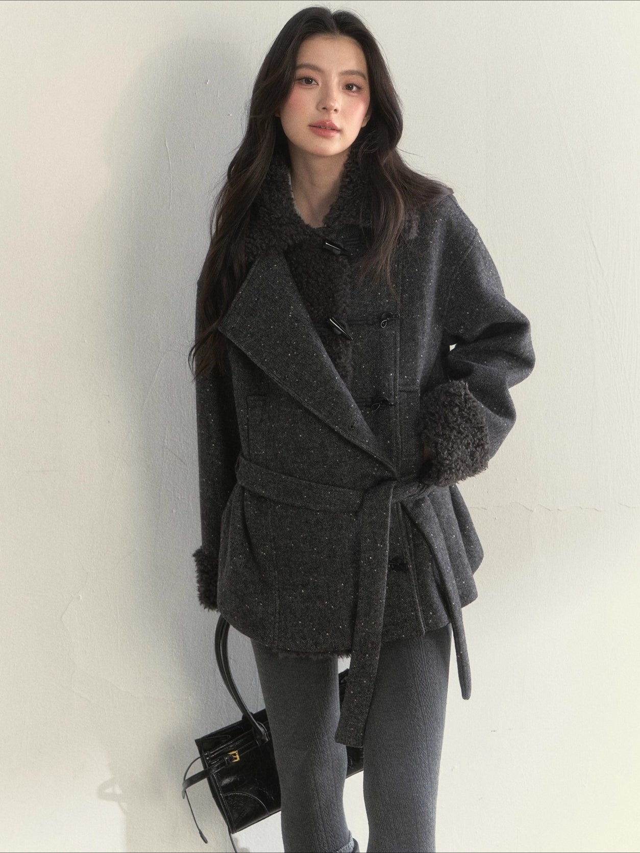 Deep Grey & Brown Wool Blend Fleece-Collar Coat