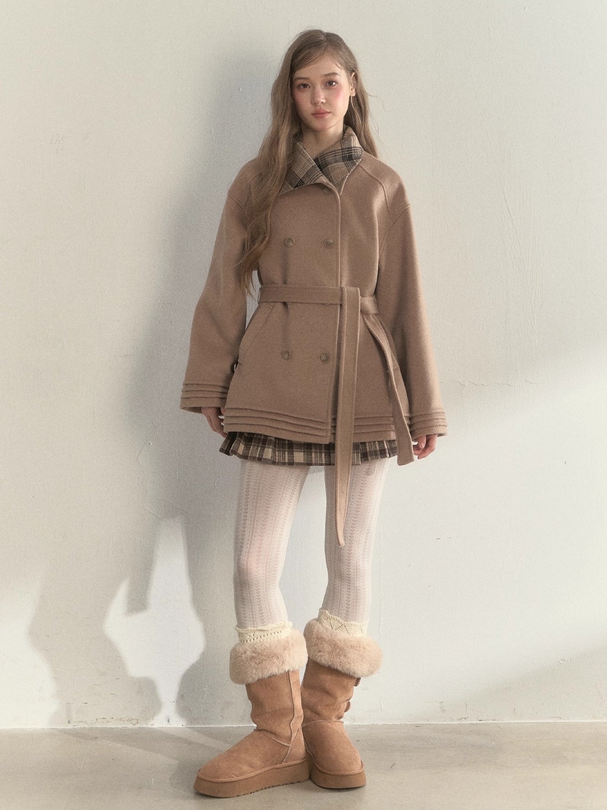 Khaki & Misty Pink Plaid Collar & Belt Wool Coat