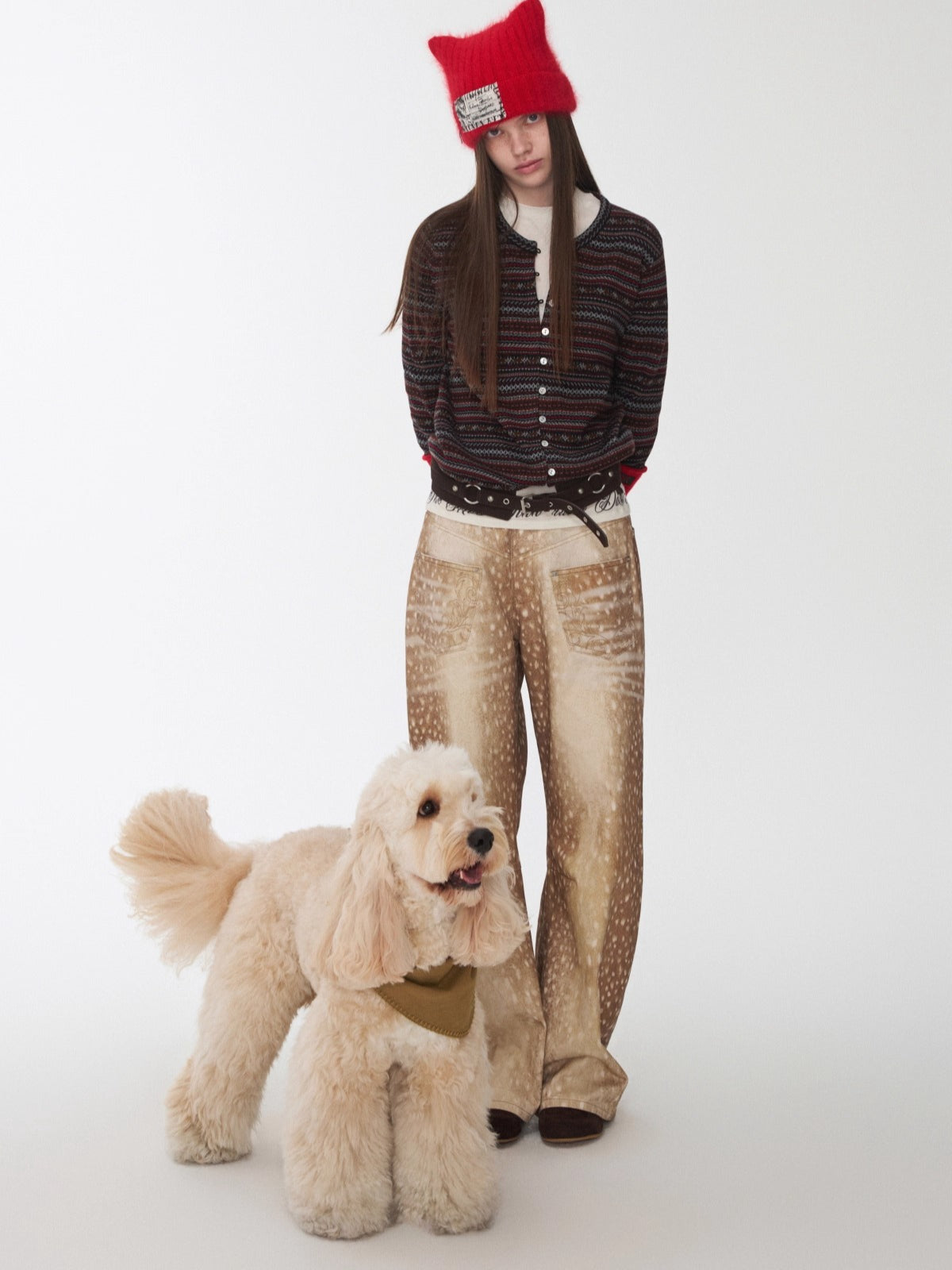 Vintage Deer Print Curved-Leg Canvas Pants