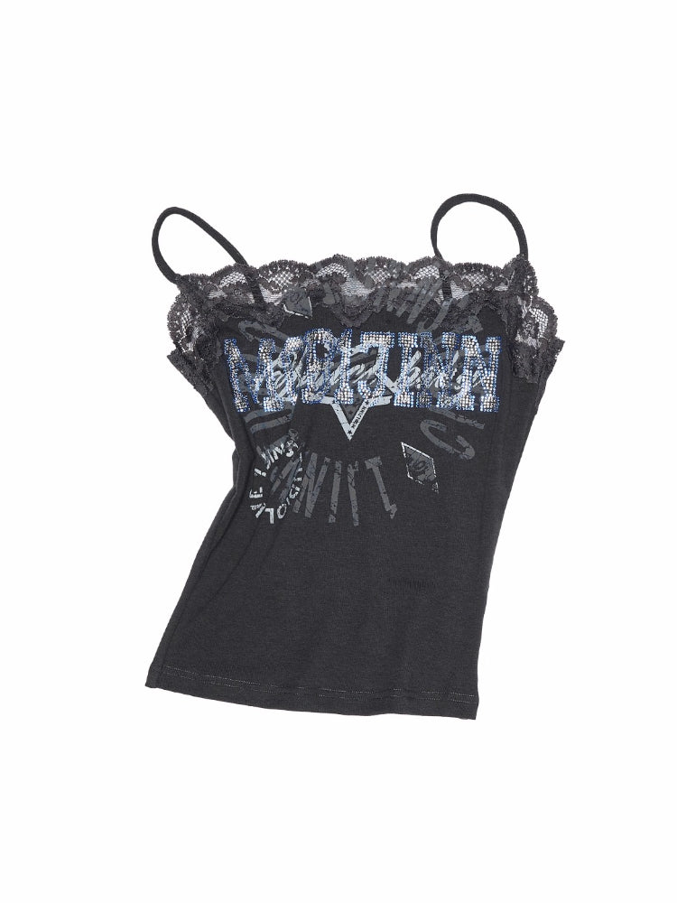 Vintage Lace Print Rhinestone Camisole