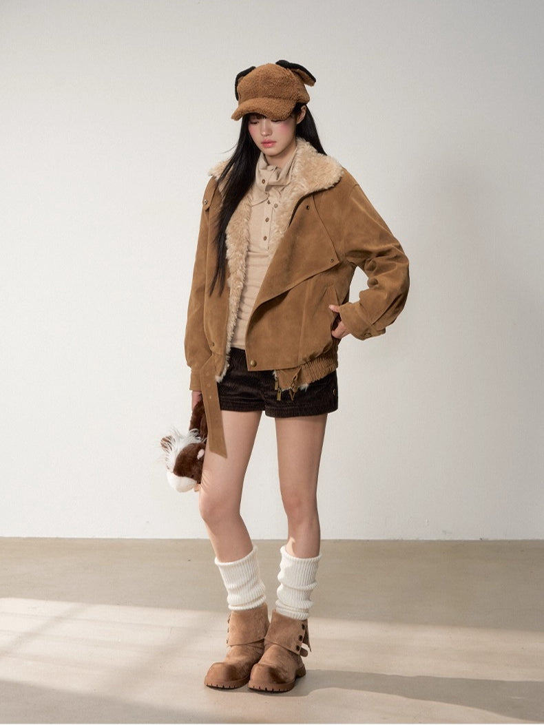 Original Suede Shearling Moto Oversized Lapel Jacket - CHINASQUAD