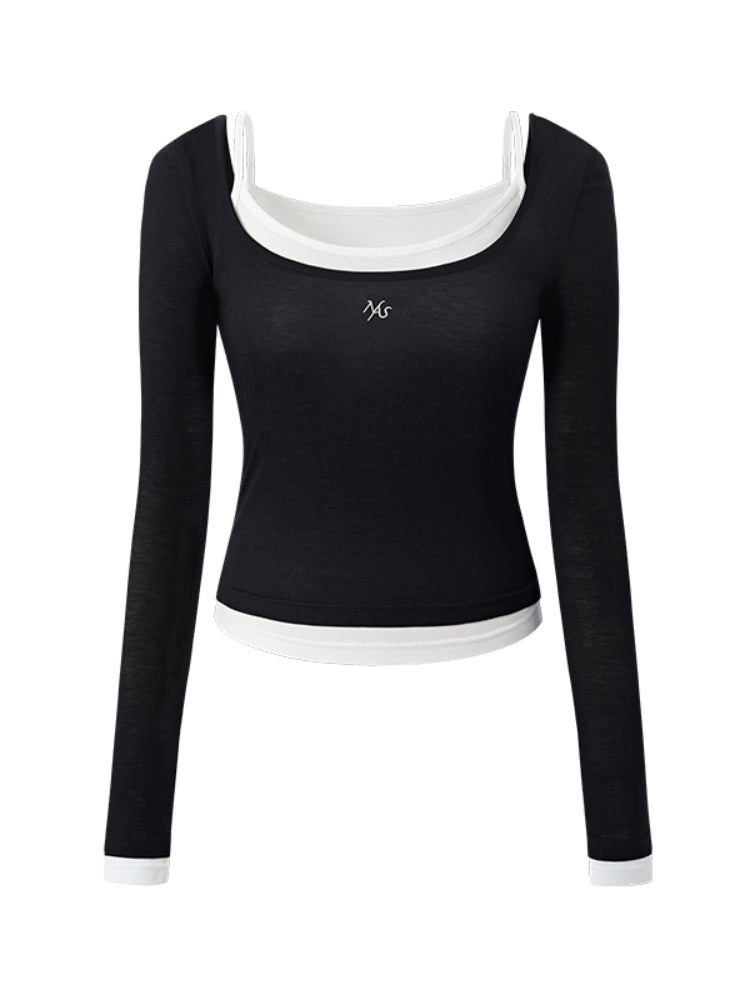 Color-block Two-piece Integrated Strap Layered T-shirt - CHINASQUAD