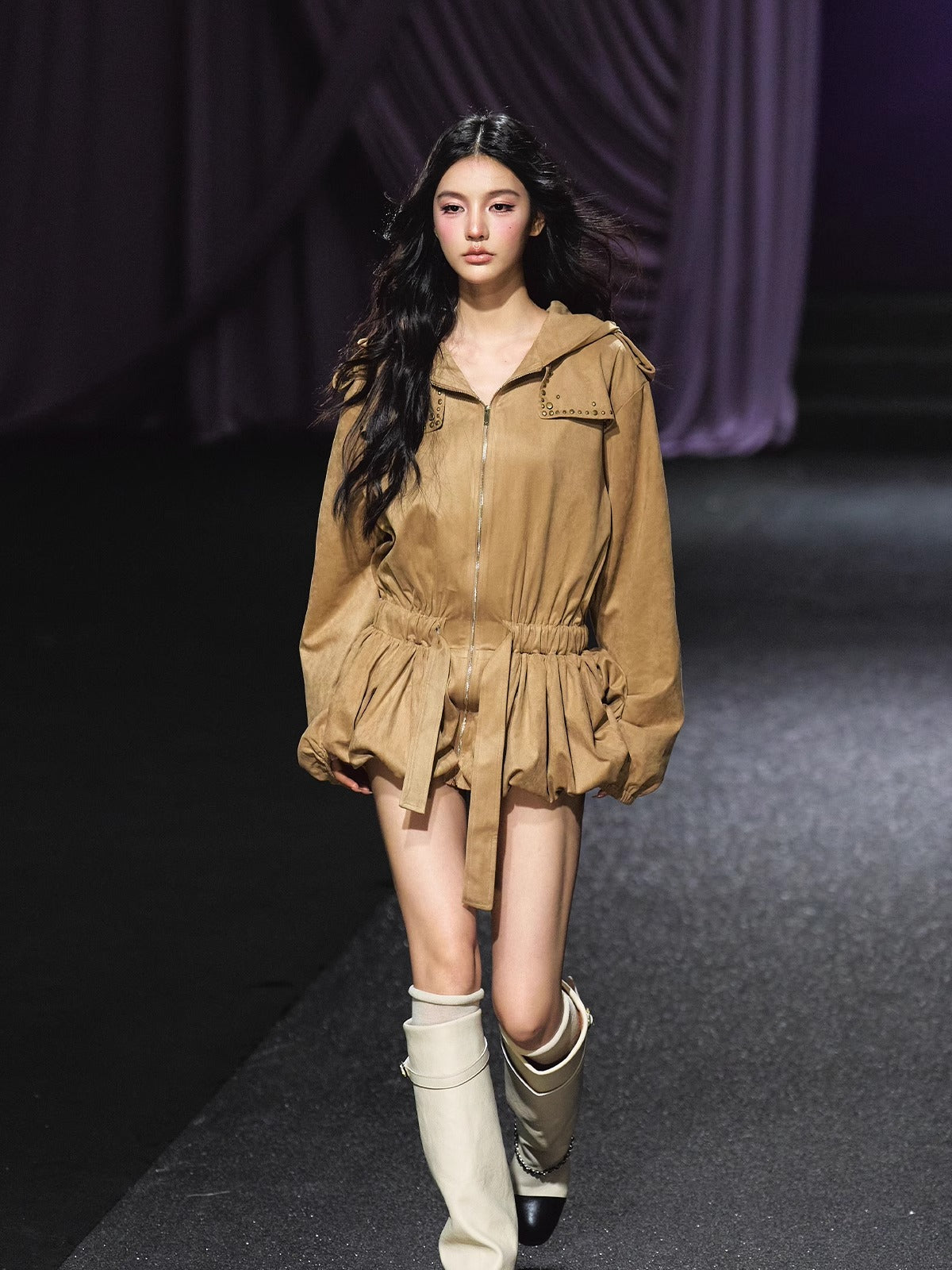 Studded Suede Hooded Trench Coat - CHINASQUAD