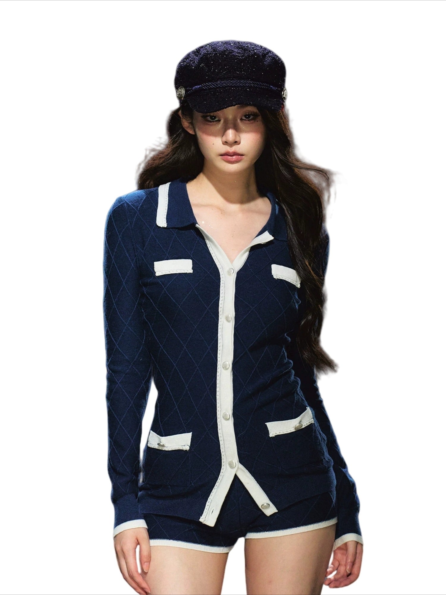 Tweed-Style Diamond Knit Cardigan & Shorts Set - CHINASQUAD