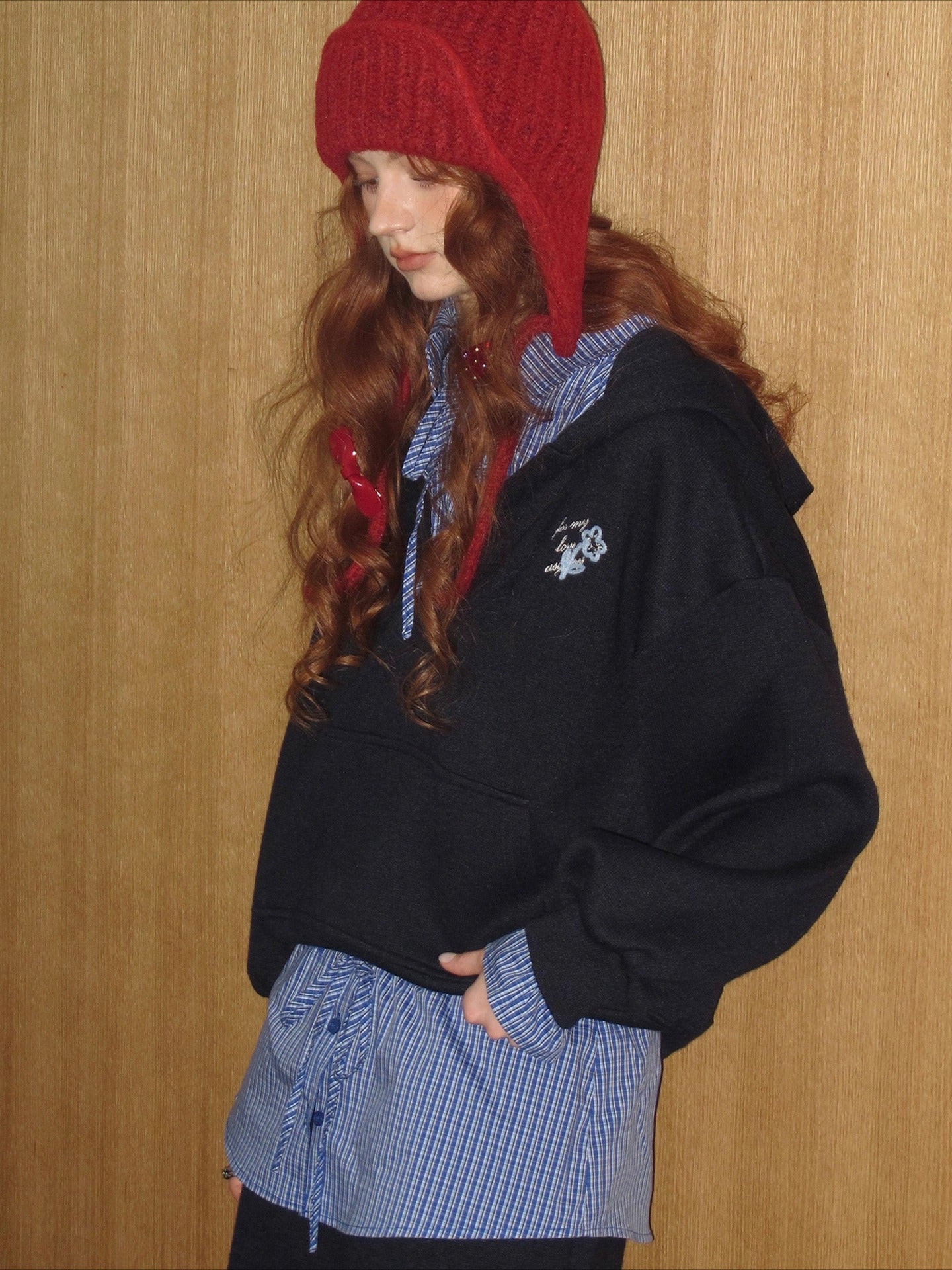 Three-Piece Set Plaid Patchwork Layered Sweatshirt & Bottom Set - CHINASQUAD