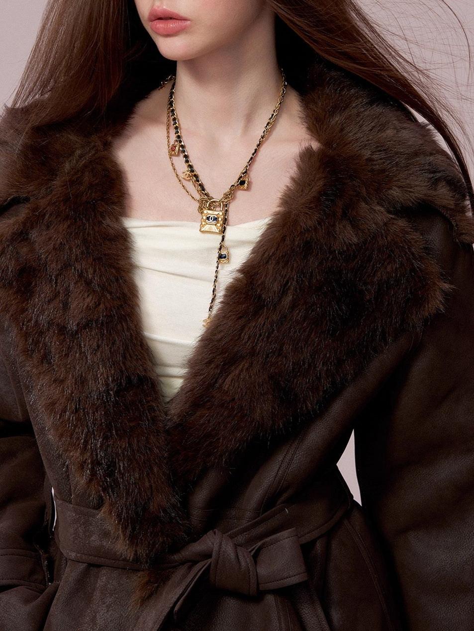 Faux Shearling-Lined PU Belted Coat