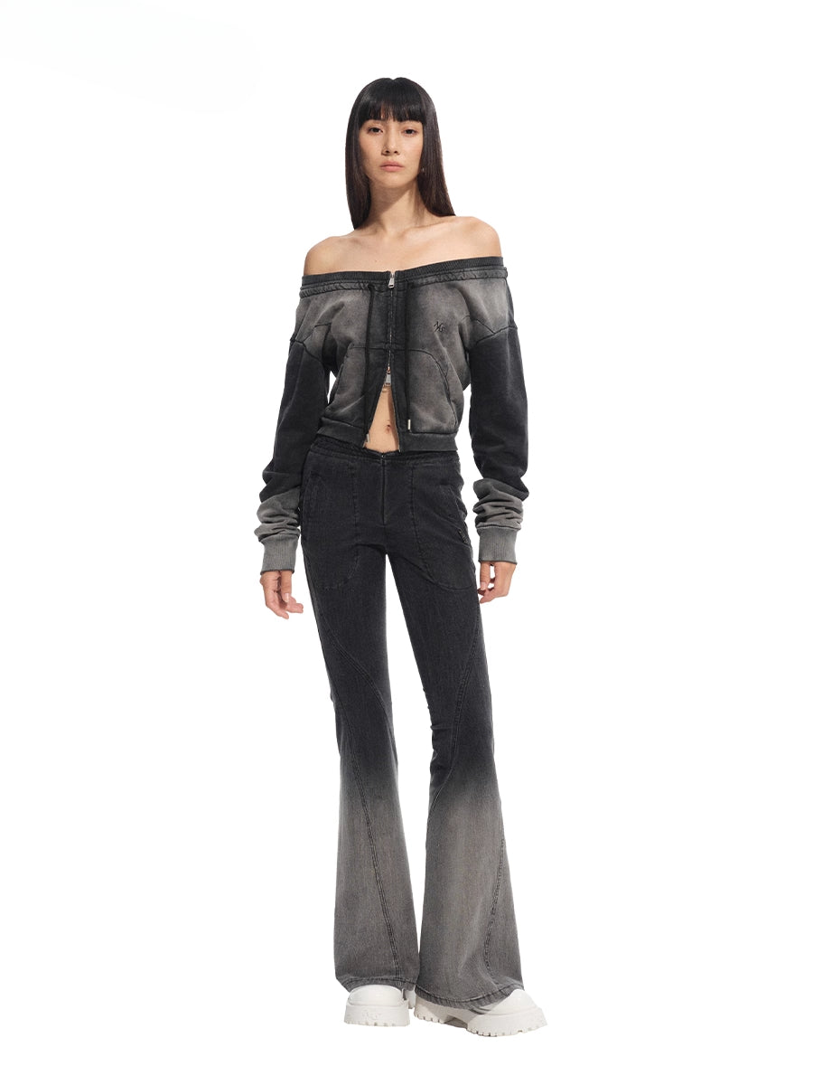 Washed Slim-Fit One-Shoulder Zip-up Sweatshirt - CHINASQUAD