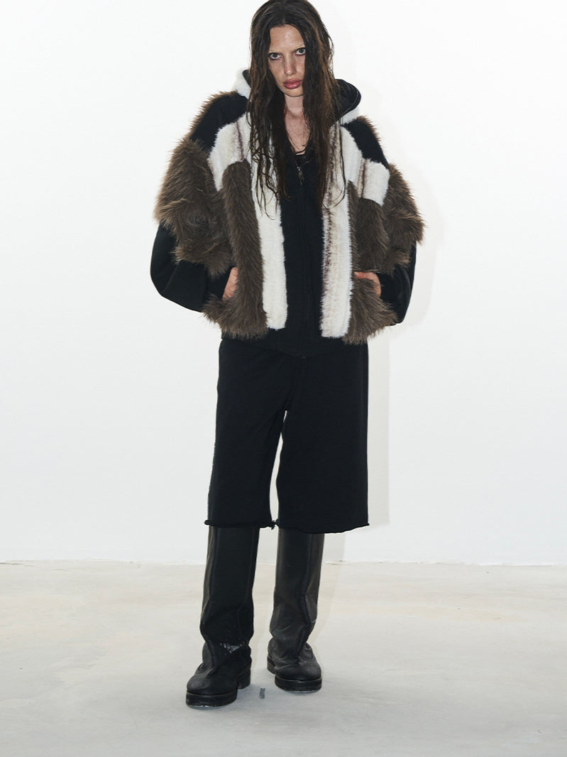 Brown Colorblock Hooded Winter Fleece Coat - CHINASQUAD