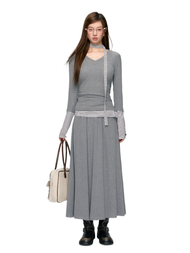 Striped Layered V-neck Knit & Skirt Set - CHINASQUAD