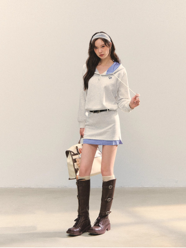 Plaid Splicing Embroidery Hooded Dress - CHINASQUAD