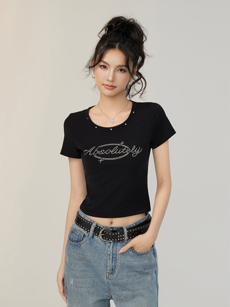 Rivet-Rhinestone Regular Shoulder T-shirt