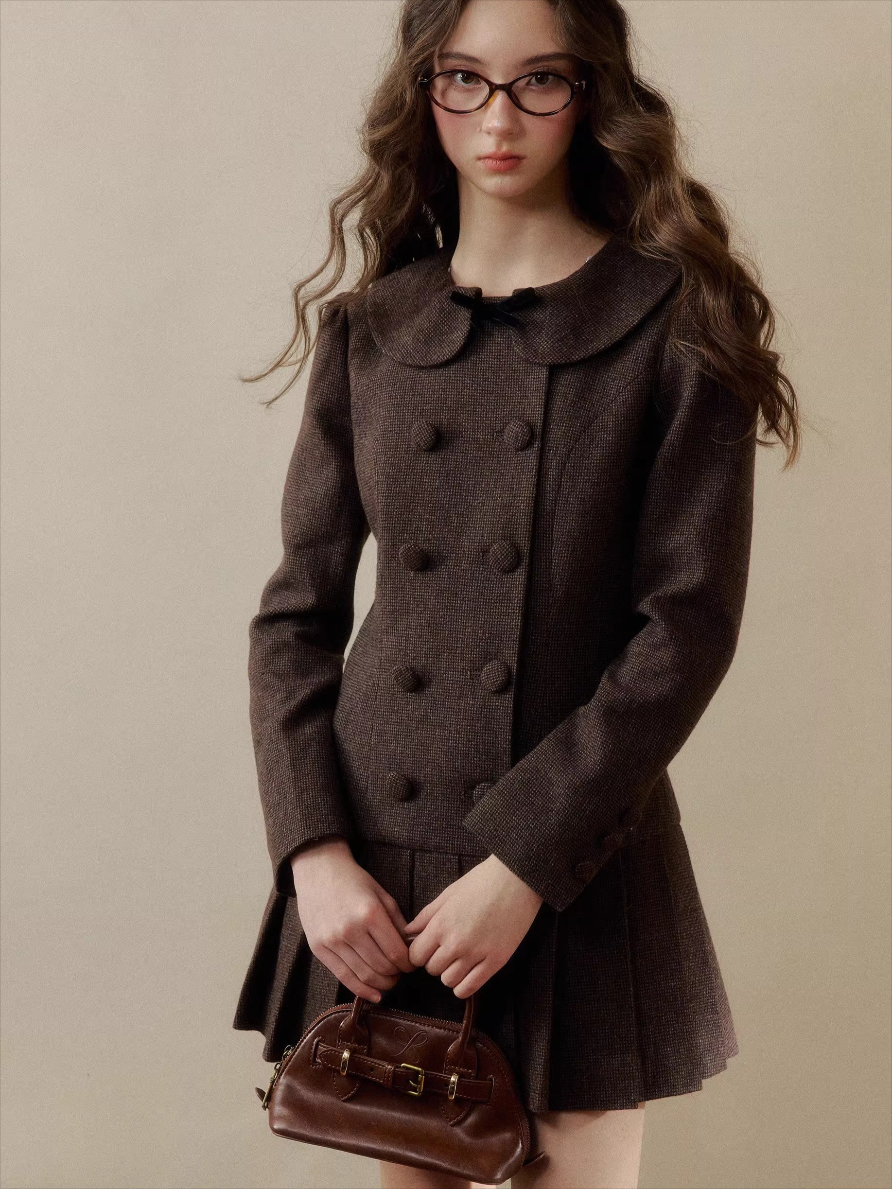 Vintage Preppy Doll-Collar Houndstooth Pleated Dress