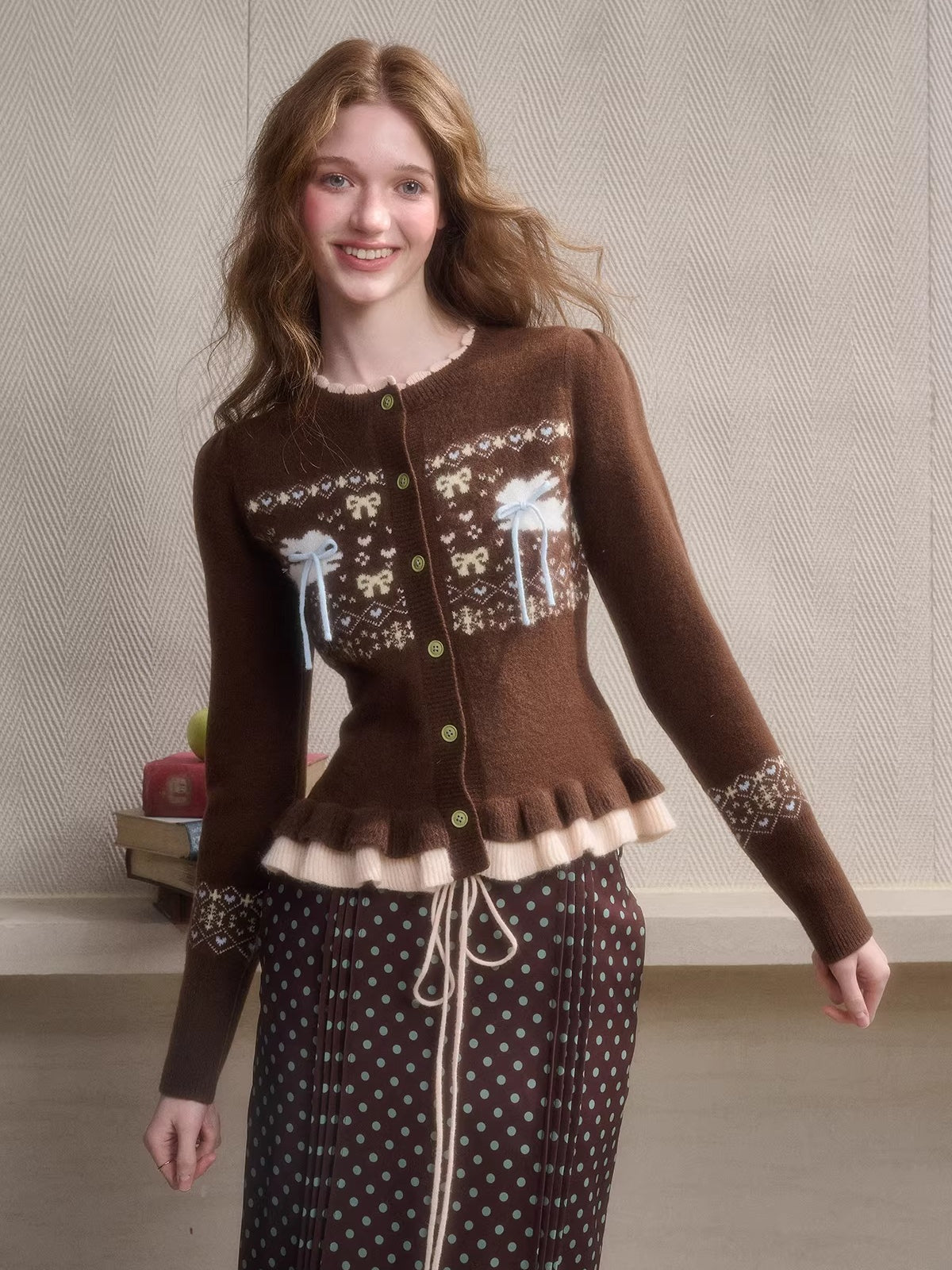 Fair Isle Knit Cardigan & Polka Dot Skirt Set