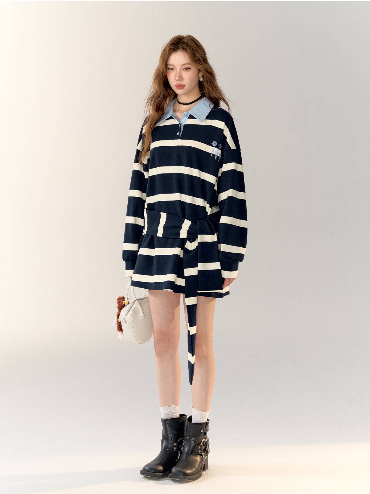 Color-block Rose Embroidery Striped Polo Dress - CHINASQUAD