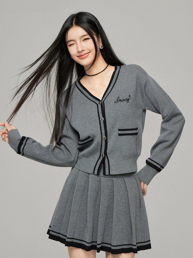 Contrast Color Knit V-neck Cardigan Set - CHINASQUAD