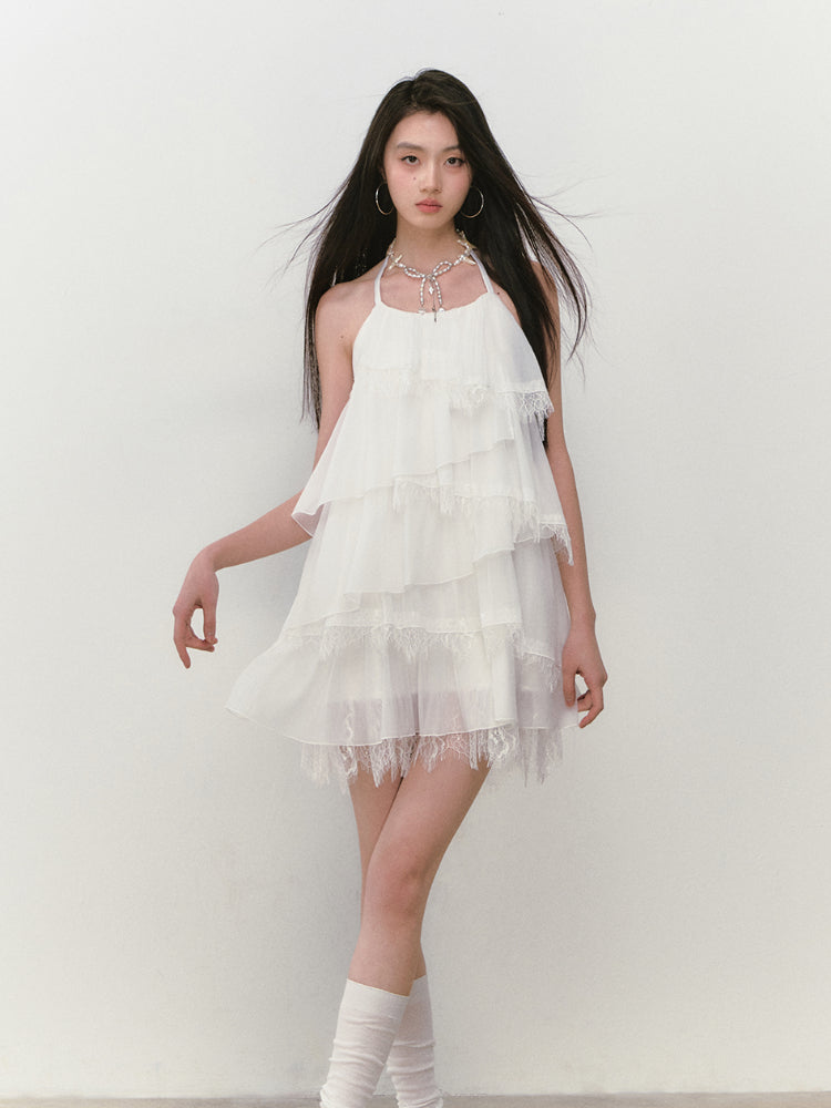 Lace-spliced Cake-style Halter Dress
