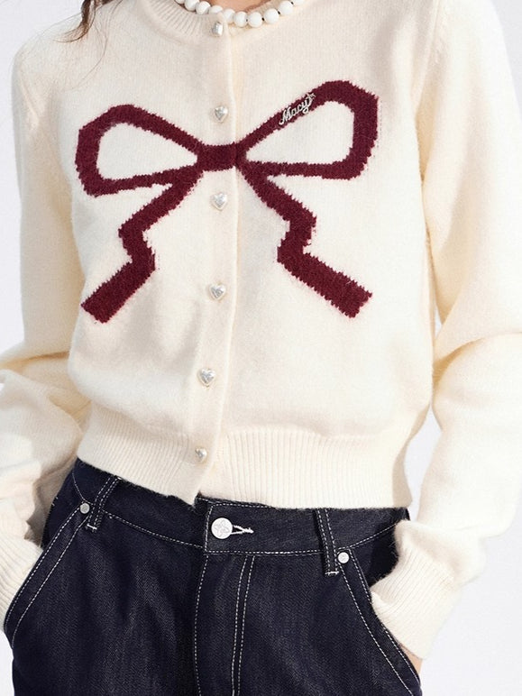 Bow Detail Cropped Knit Cardigan