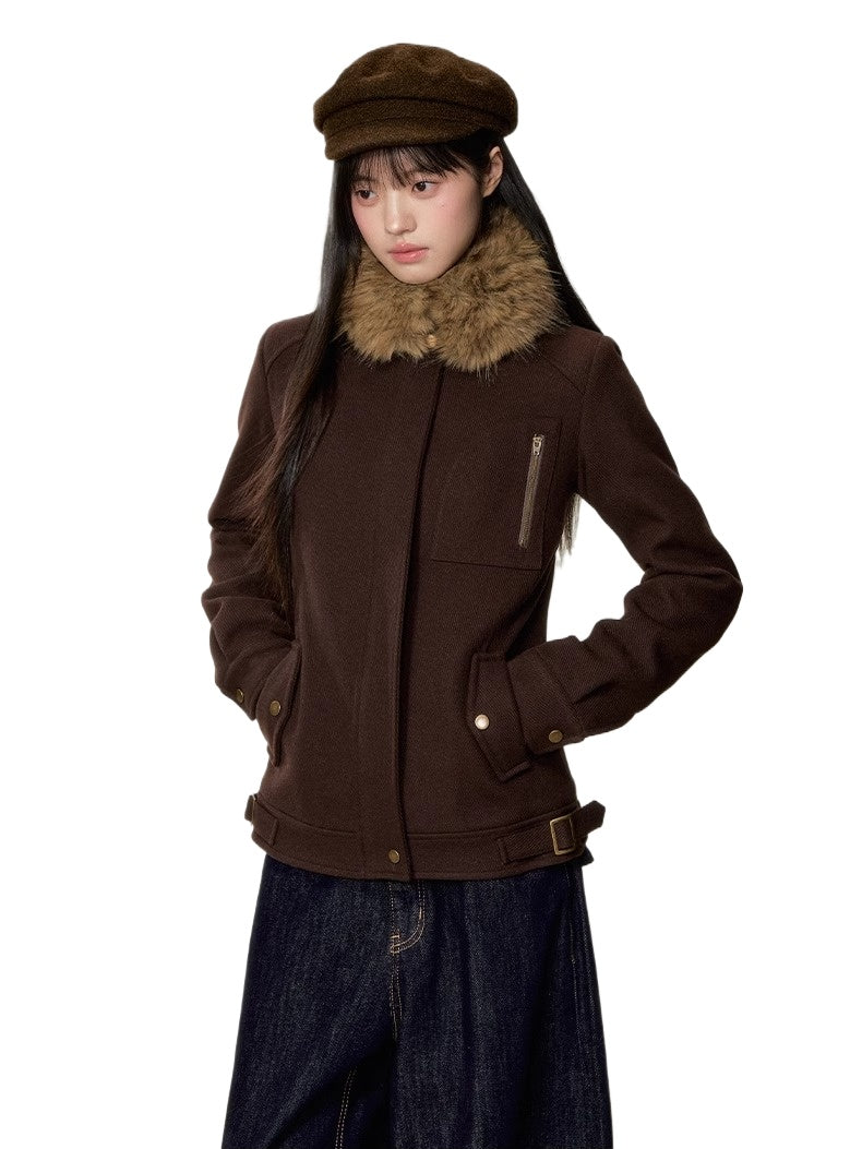 Brown Faux Fur Collar Slim Wool Jacket - CHINASQUAD
