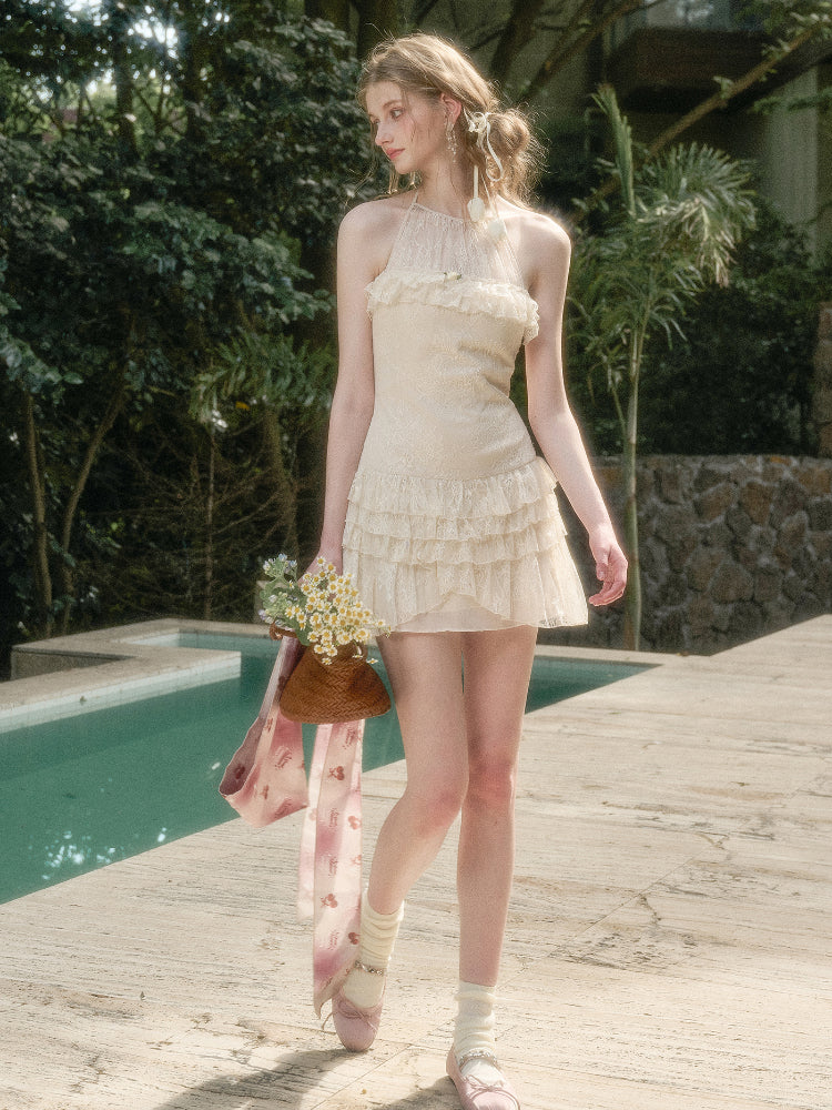 Light White Lace Halter Neck Slip Short Dress - CHINASQUAD