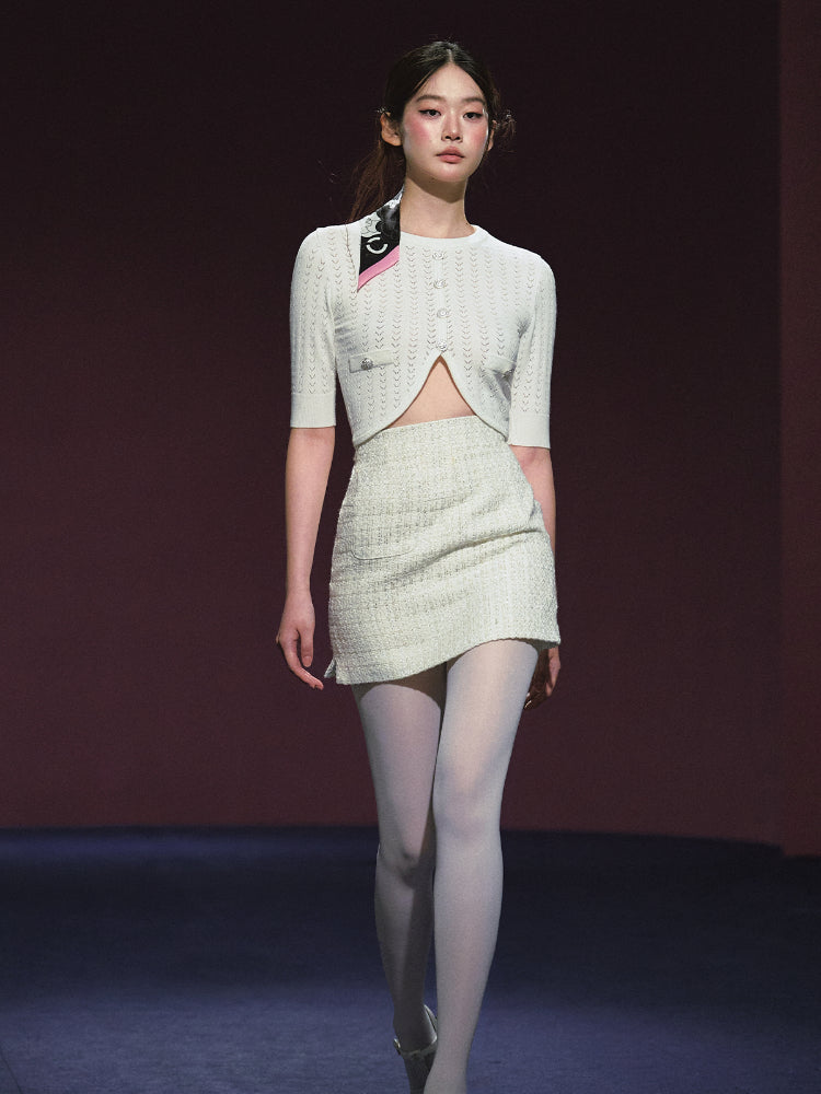 Woolen Knit Cardigan & High-waisted Tweed Skirt Set - CHINASQUAD