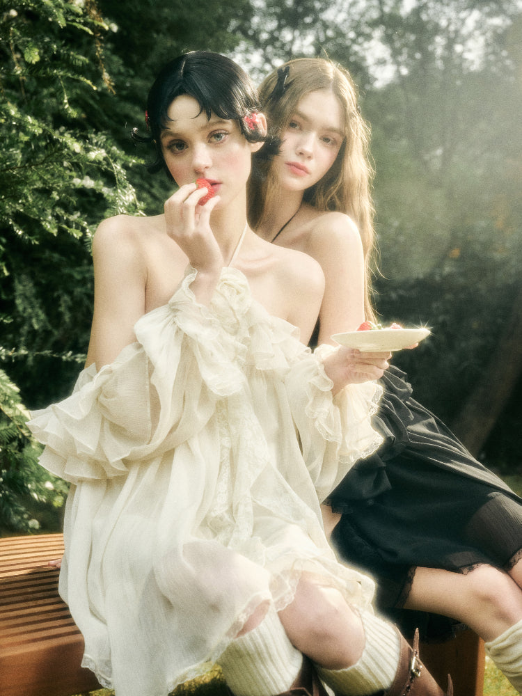 Halter Neck Off-Shoulder Ribbon Dress - CHINASQUAD