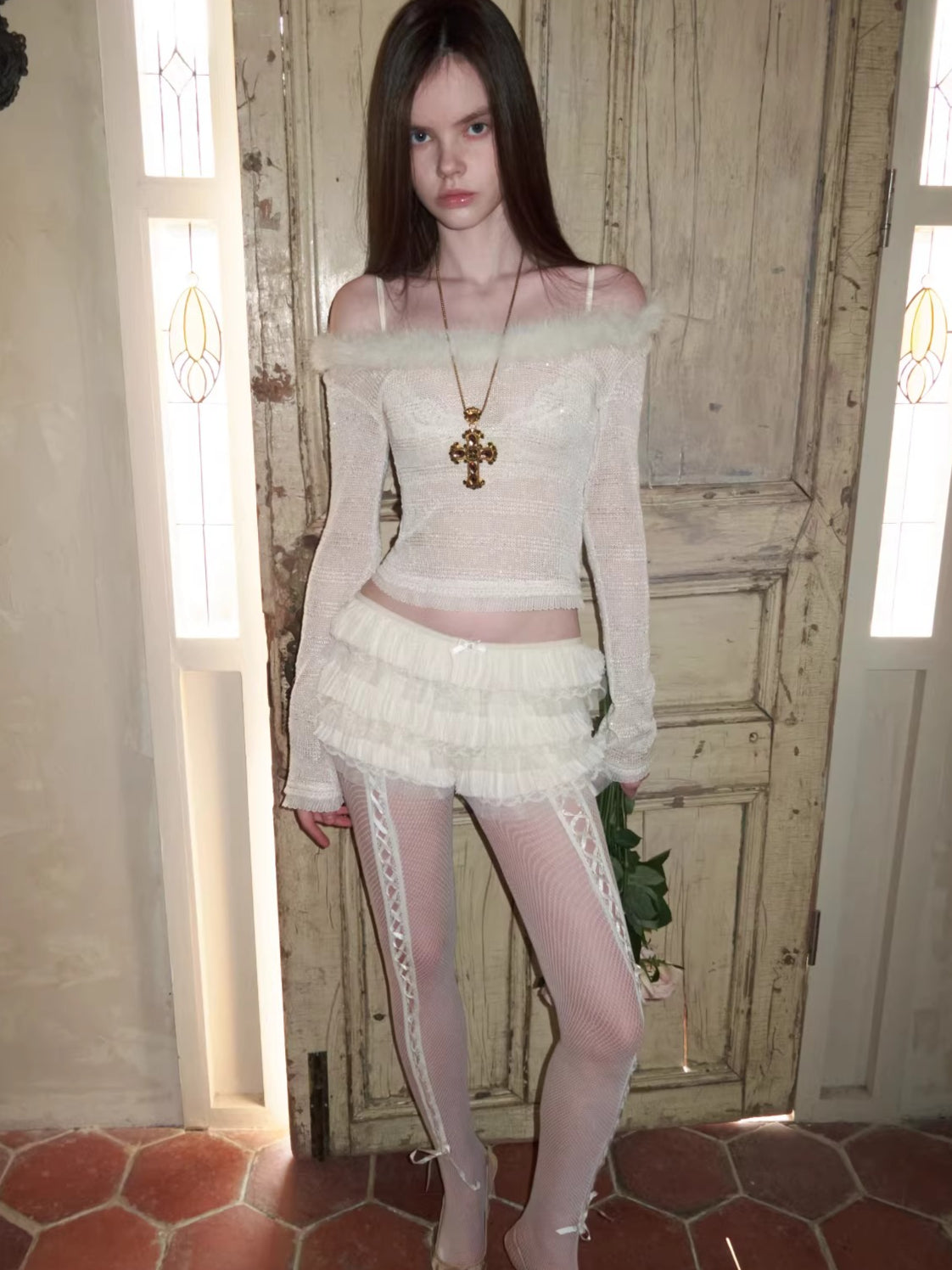 Off-Shoulder Sequin Knit Crewneck