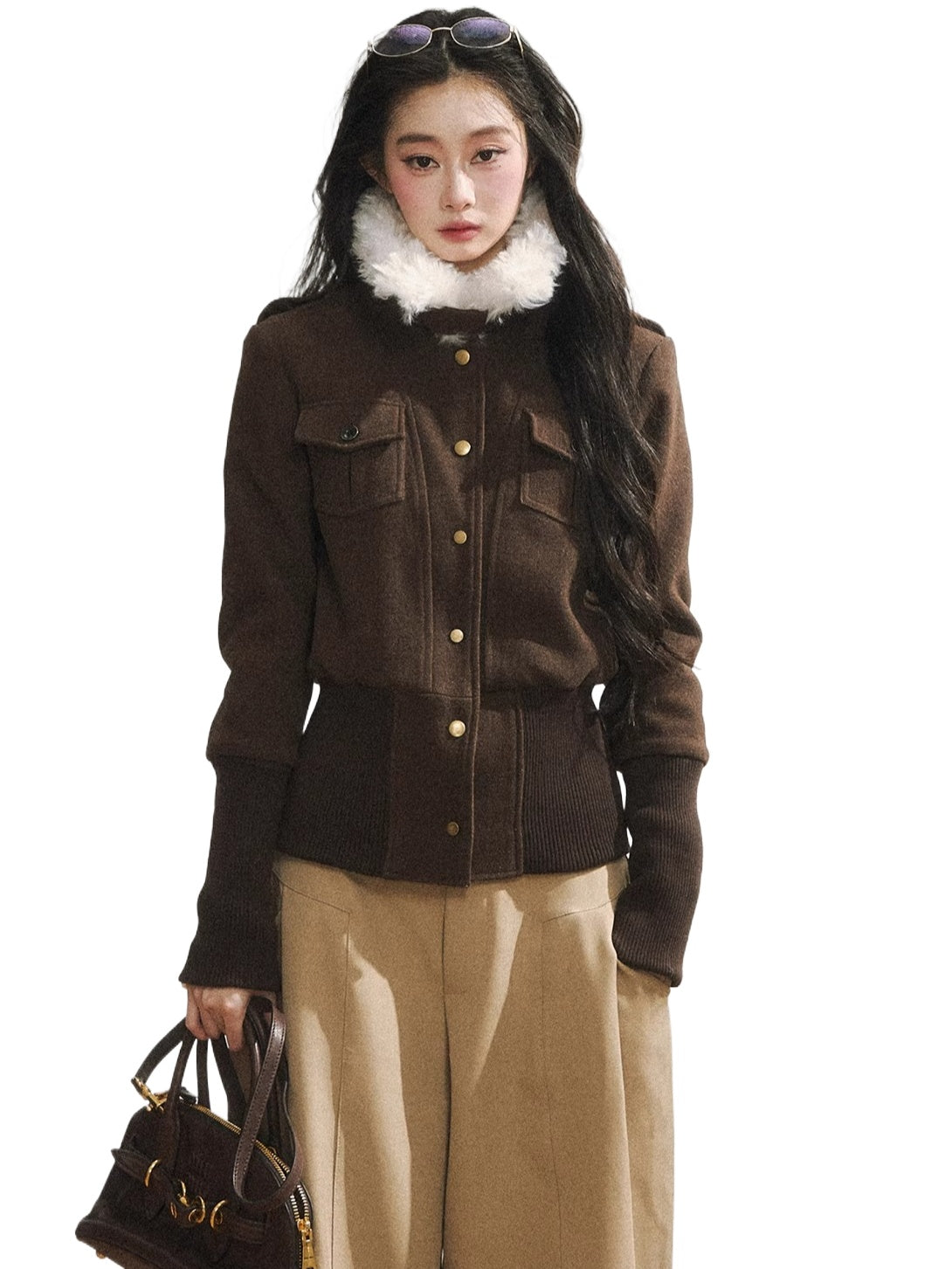 Vintage-Inspired Brown Fleece Lining Wool-Blend Jacket