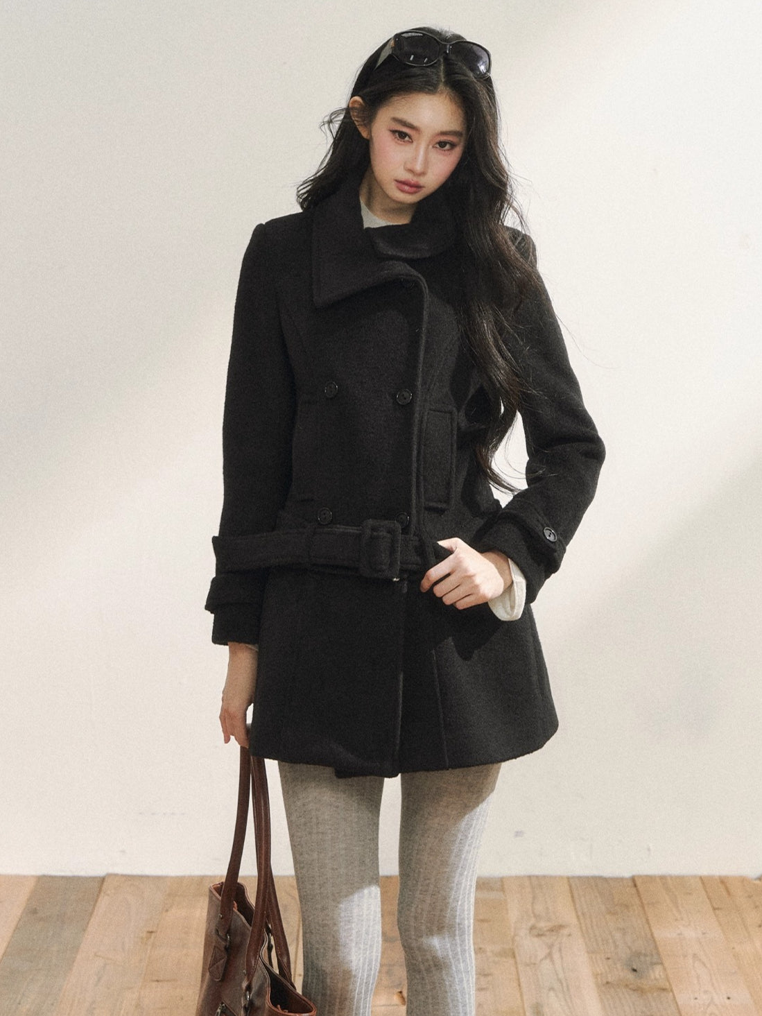 Black Wool-Blend Detachable Hem Double-Breasted Coat