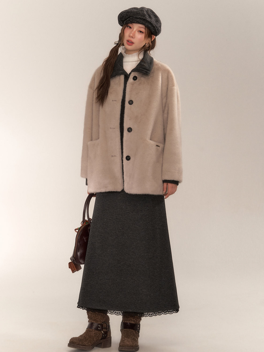 Gray & Apricot Faux Fur Coat - CHINASQUAD