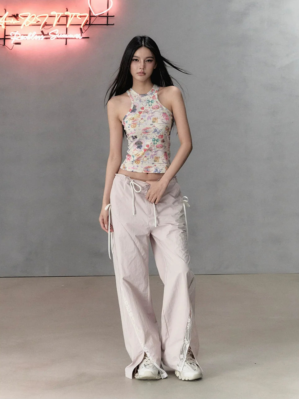 Pink Lace Patchwork Casual Cargo Pants - CHINASQUAD