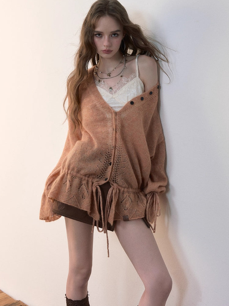 Drawstring Openwork Wool Knit Cardigan
