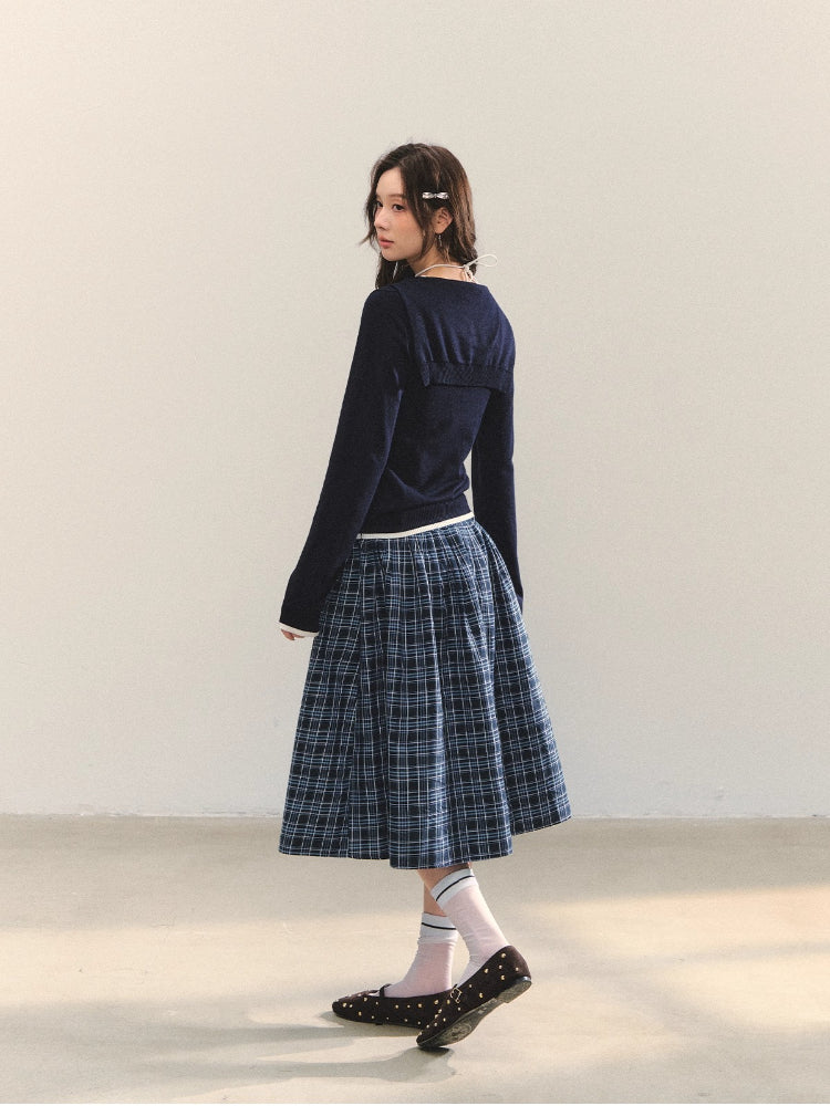 High-Waist Belted Plaid Umbrella Skirt