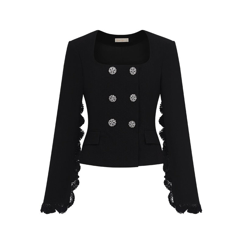 Mirage Vintage Lace-Collar Blazer & Flared Skirt Set - CHINASQUAD