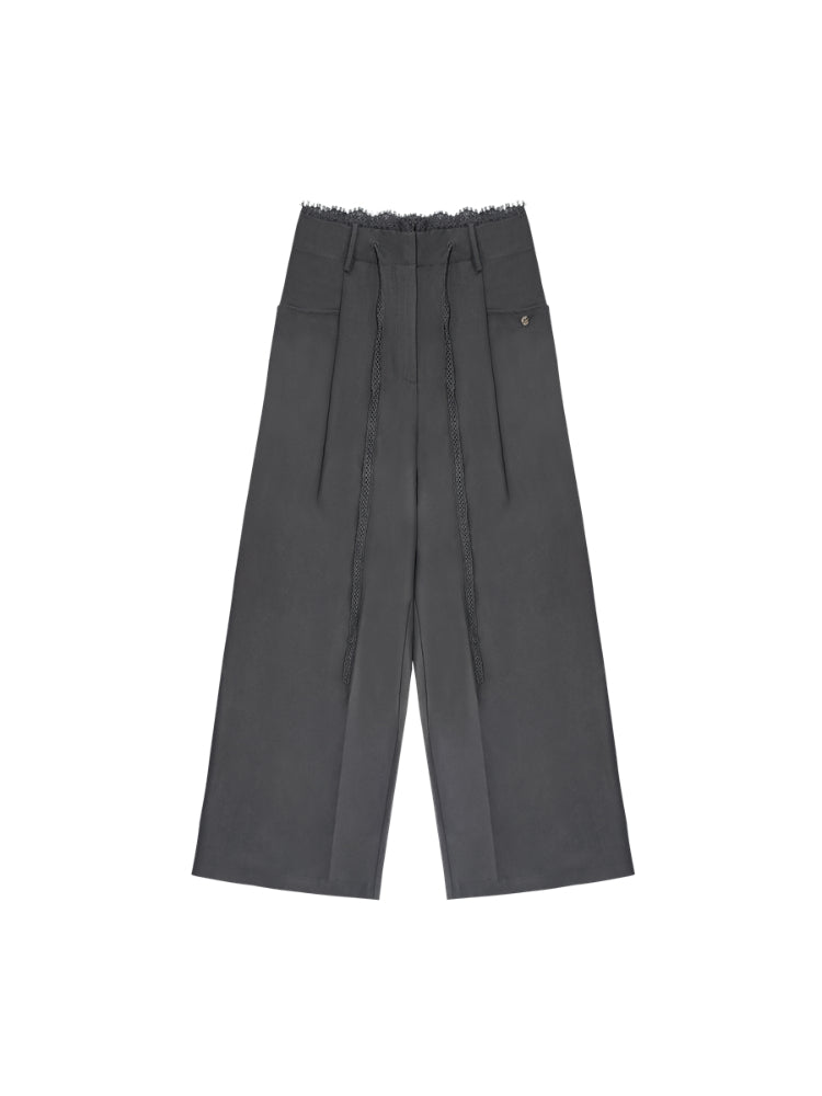 Lace Spliced High-Waisted Straight-Leg Wide Pants - CHINASQUAD