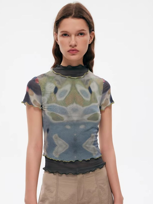 Designer Tie-Dye Sheer Mesh Fitted T-Shirt