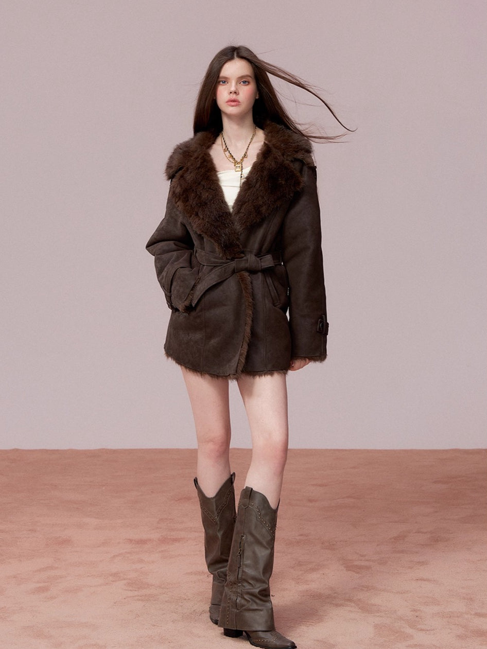 Faux Shearling-Lined PU Belted Coat