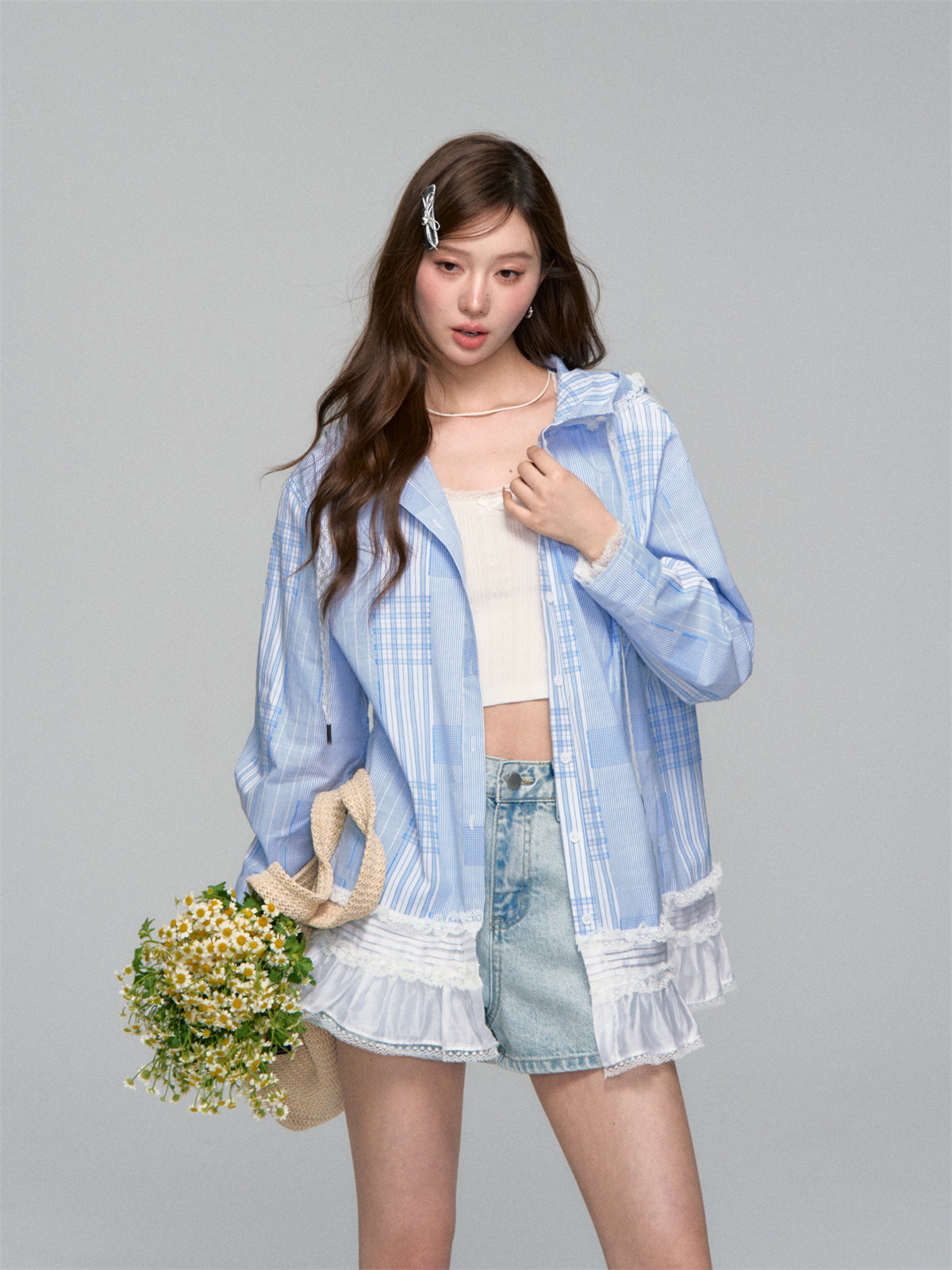 Plaid Lace-Trimmed Hooded Shirt Jacket