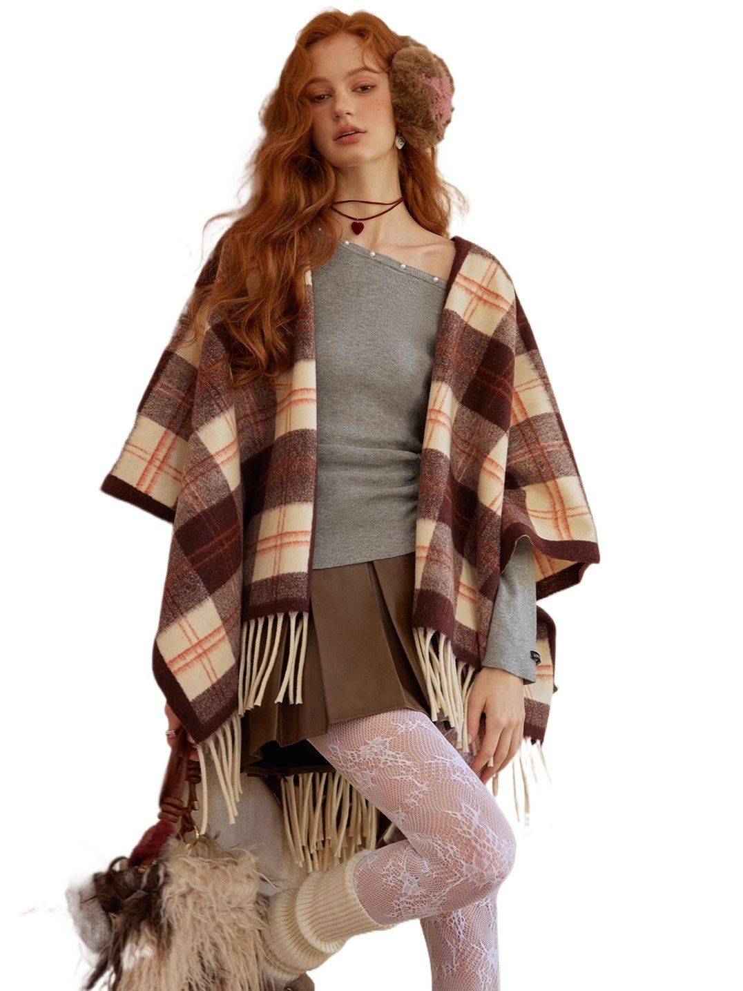 Vintage Plaid Fringe Shawl Scarf