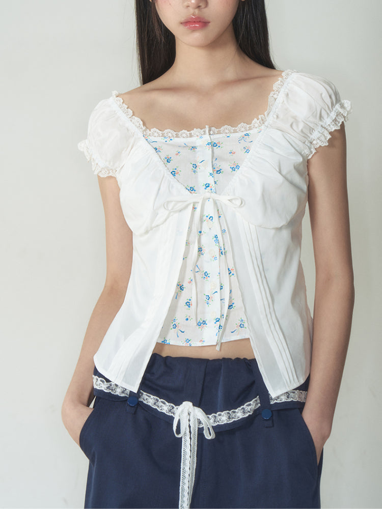 Fake Two-Piece Floral Lace Shirt Top - CHINASQUAD