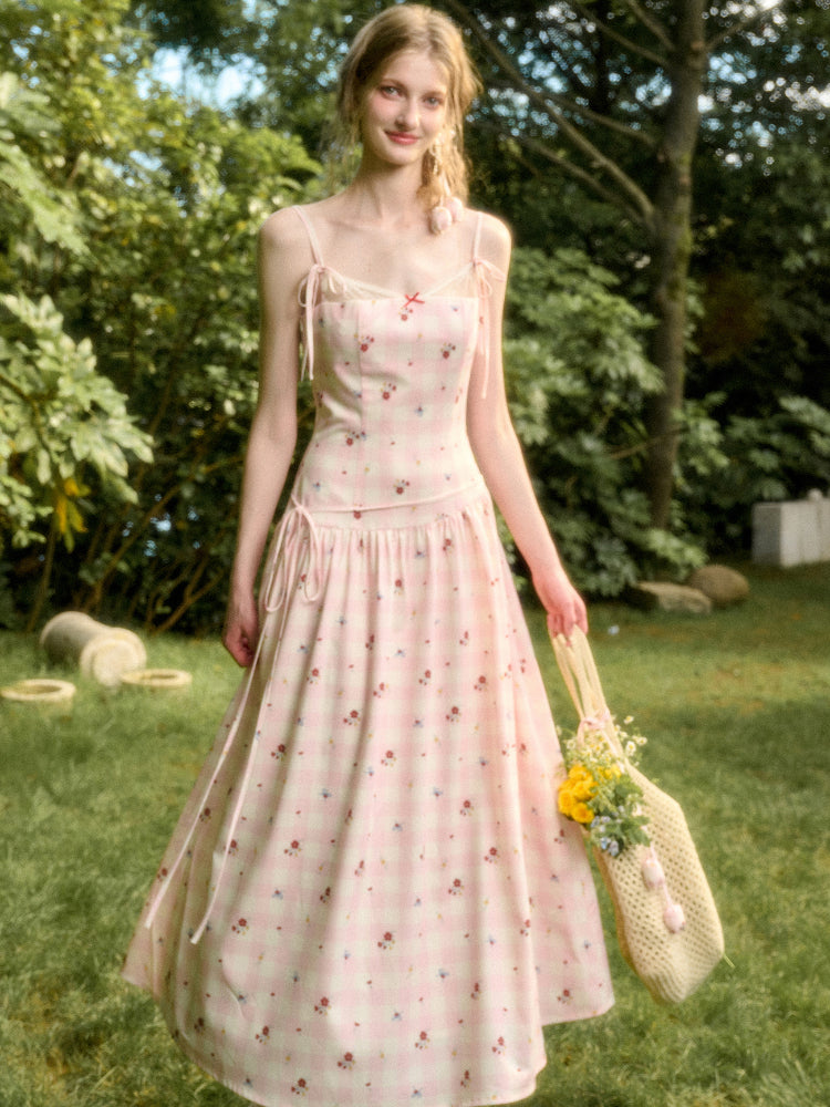 Pink Check Hand-Painted Print Dress - CHINASQUAD