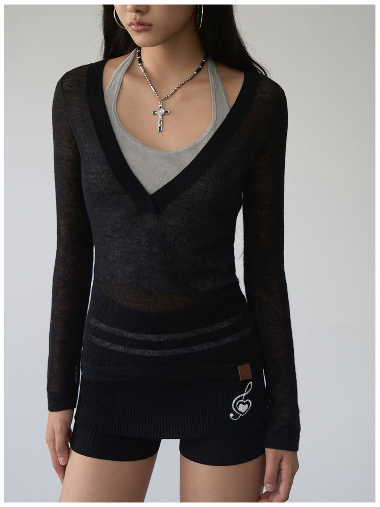 Fake Two-Piece Halter V-Neck Knit Sweater - CHINASQUAD