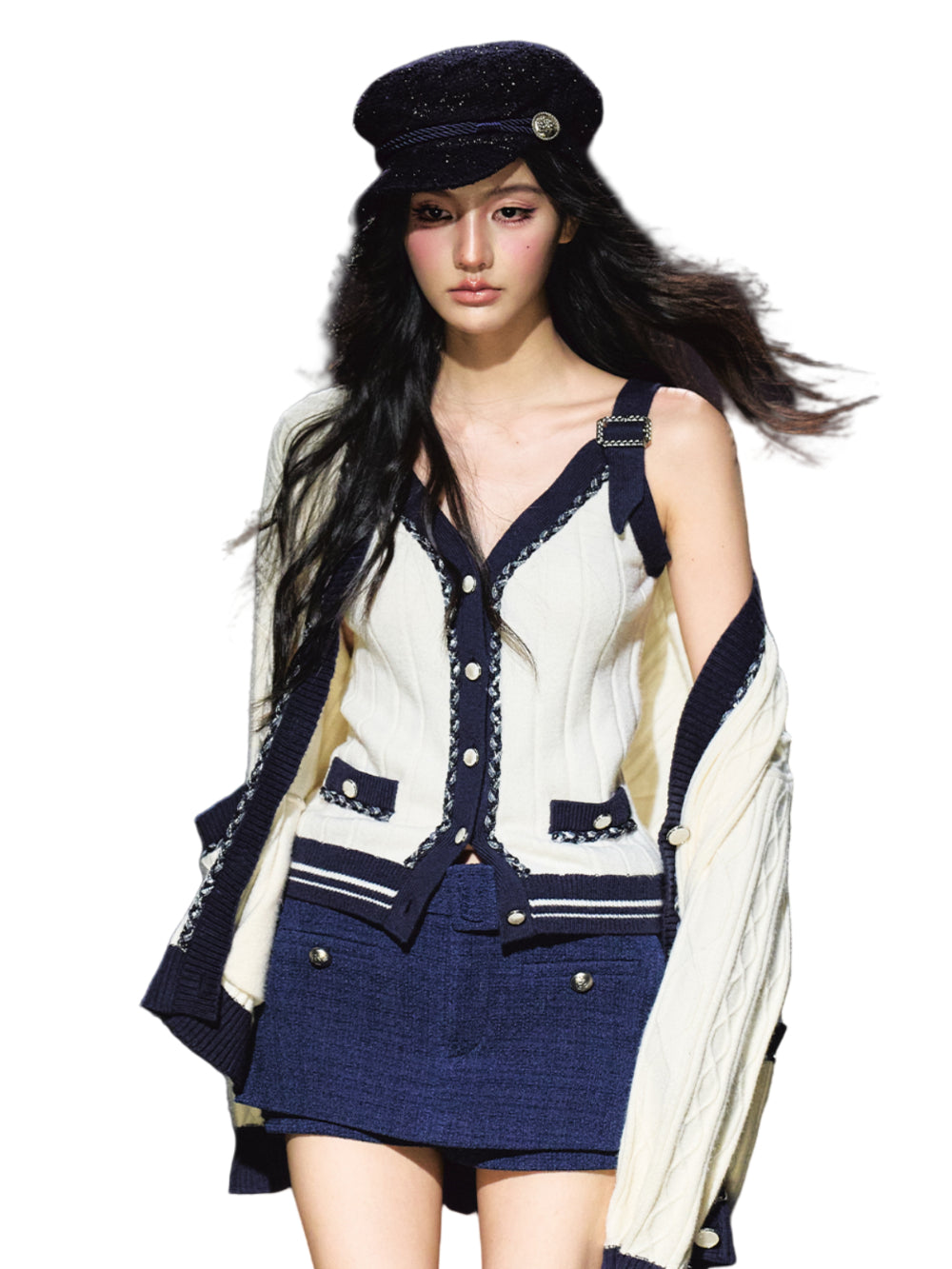 Contrast-Trim Knit Cardigan & Vest Set - CHINASQUAD