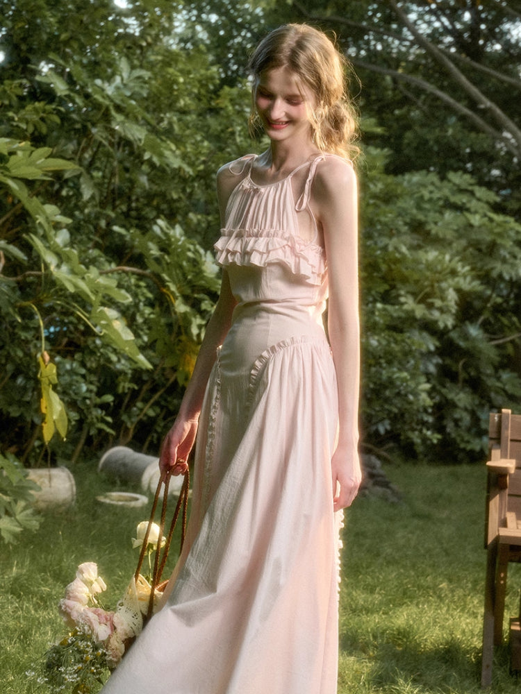 Washed Cotton Halter Long Dress - CHINASQUAD